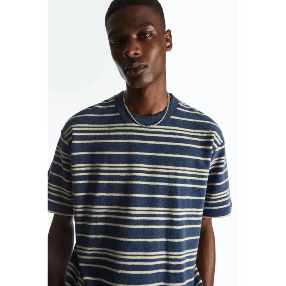 COS Tee Oversized Towelling T-Shirt Striped Blue Sz Small Cotton Terry Cotton